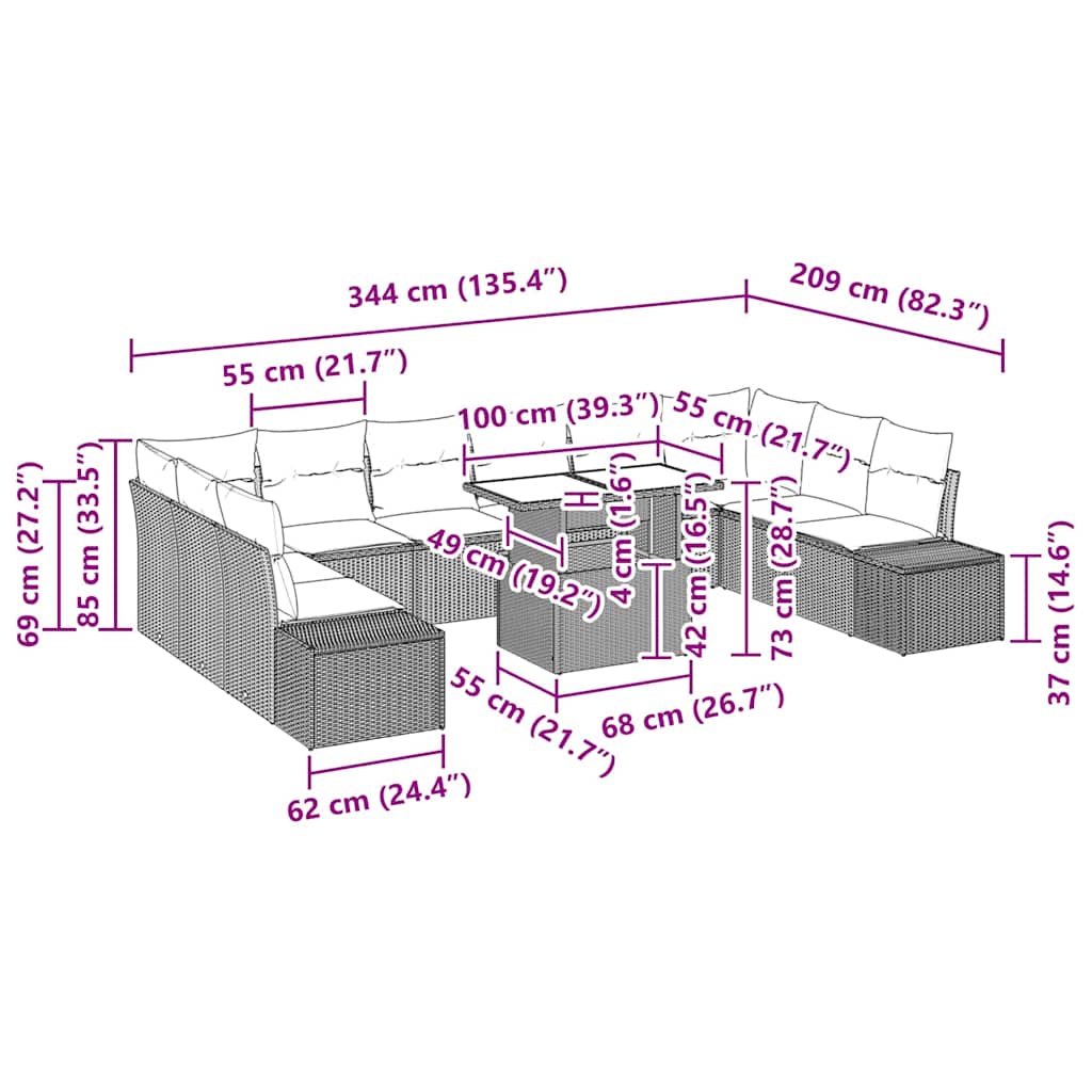 Garden Sofa Set with Cushion 11 pcs Black 100 x 55 x 73 cm