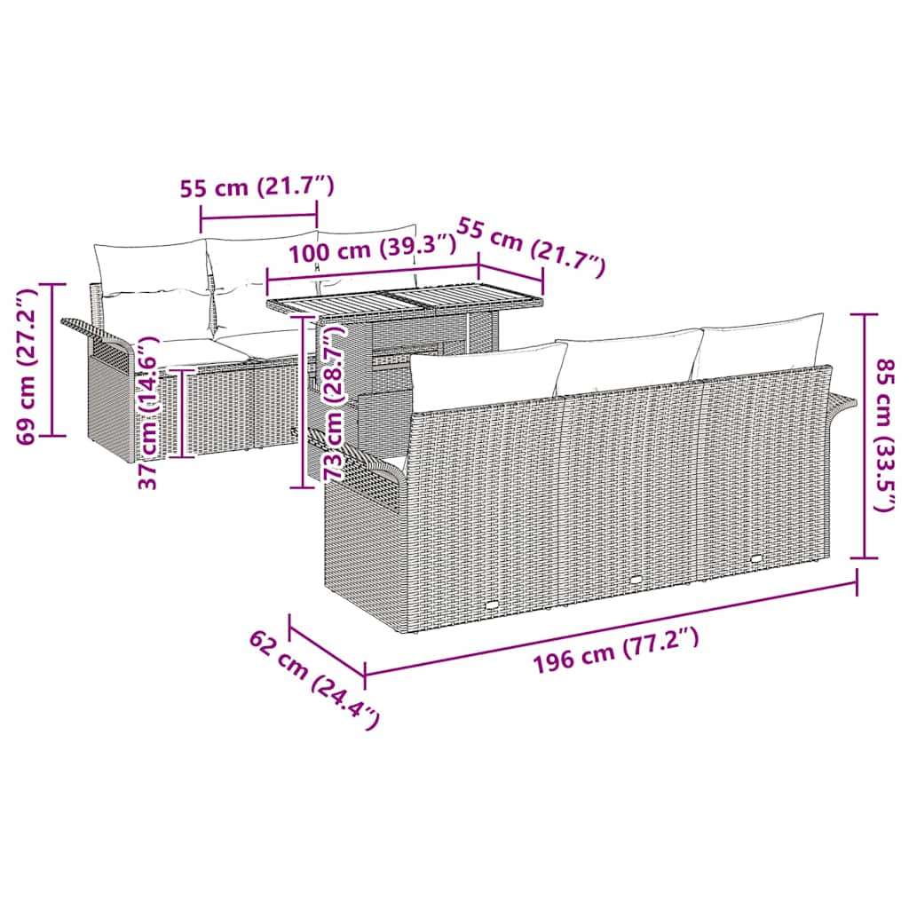 Garden Sofa Set 7 pcs Grey Poly rattan and powder-coated steel