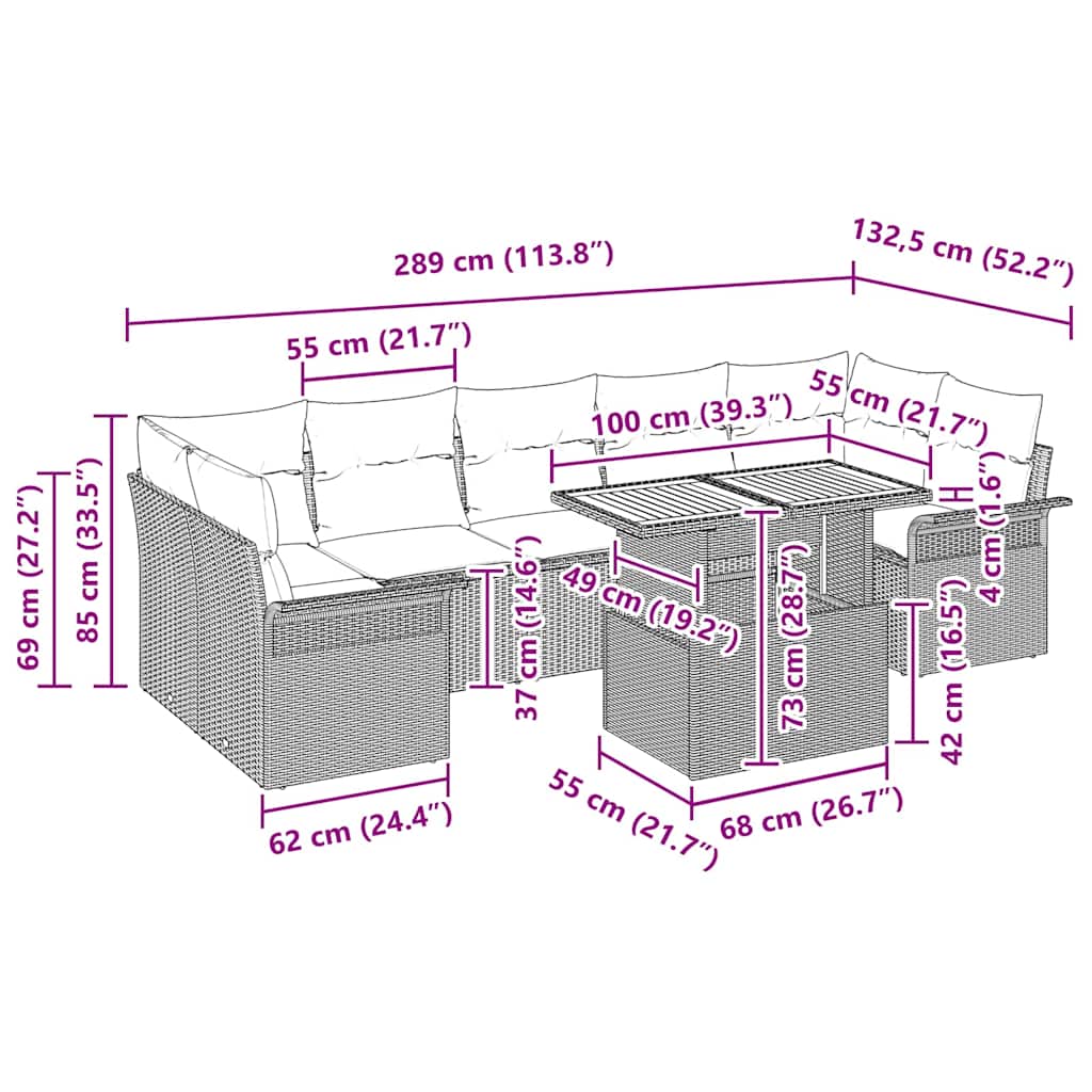 Garden Sofa Set with Cushion 8 pcs Black 100 x 55 x 73 cm