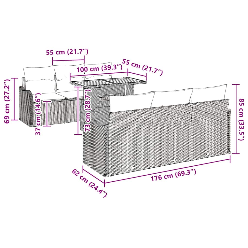 Garden Sofa Set with Cushion 7 pcs Black 100 x 55 x 73 cm