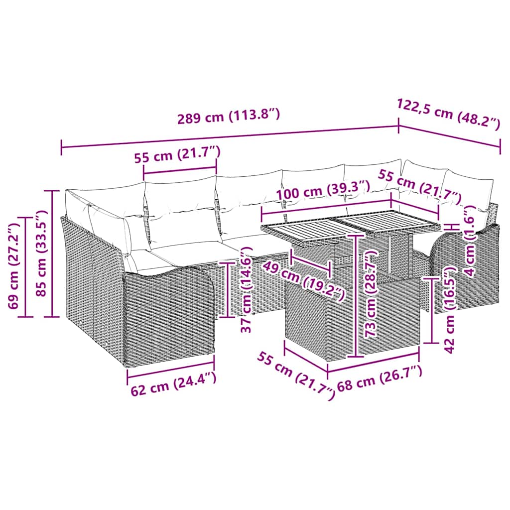 Garden Sofa Set with Cushion Manual 8 pcs Grey 100 x 55 x 73 cm