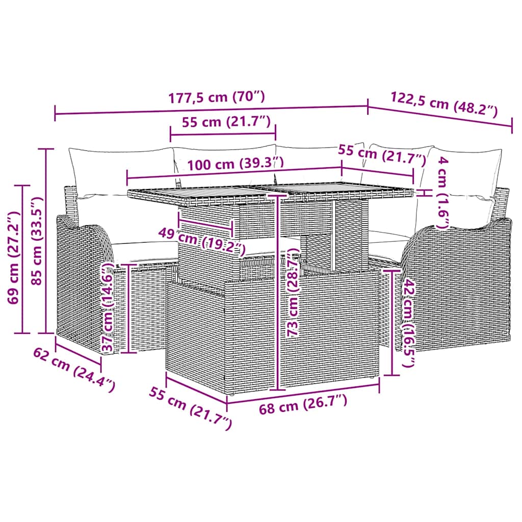Garden Sofa Set with Cushion 5 pcs Black 100 x 55 x 73 cm