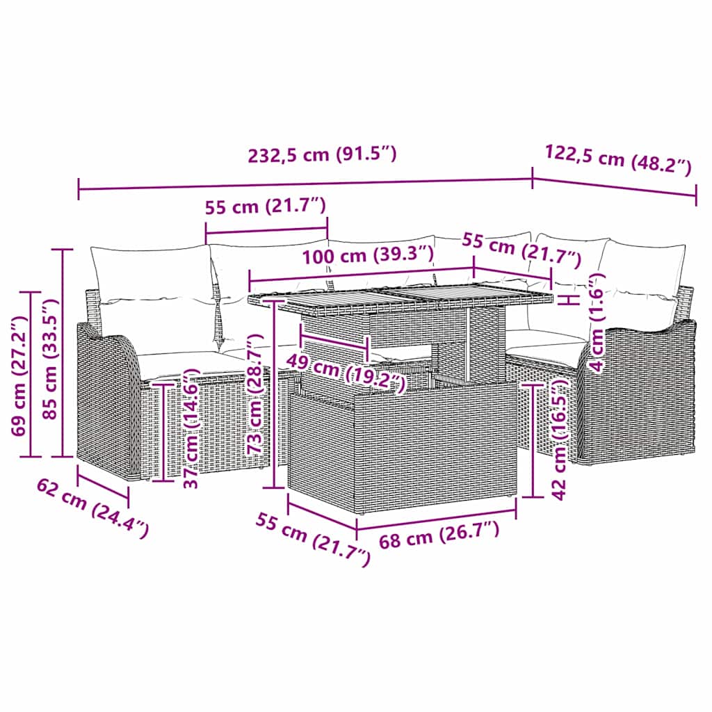Garden Sofa Set with Cushion Manual 6 pcs Grey 100 x 55 x 73 cm