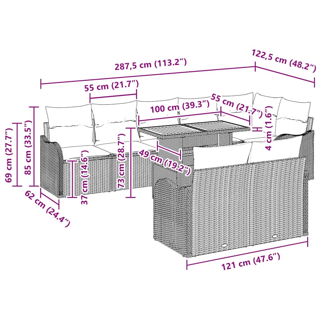 Garden Sofa Set with Cushion 9 pcs Black 100 x 55 x 73 cm