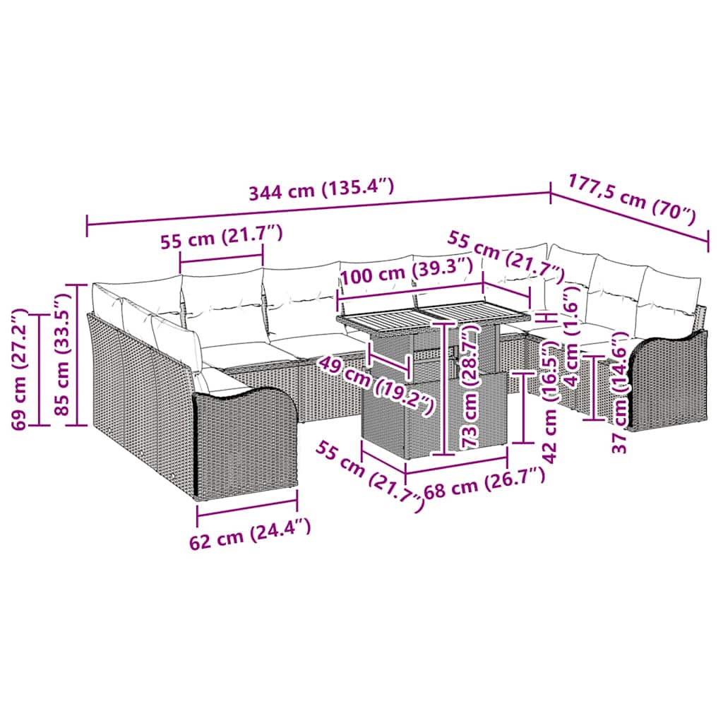 Garden Sofa Set with Cushion 11 pcs Black 100 x 55 x 73 cm