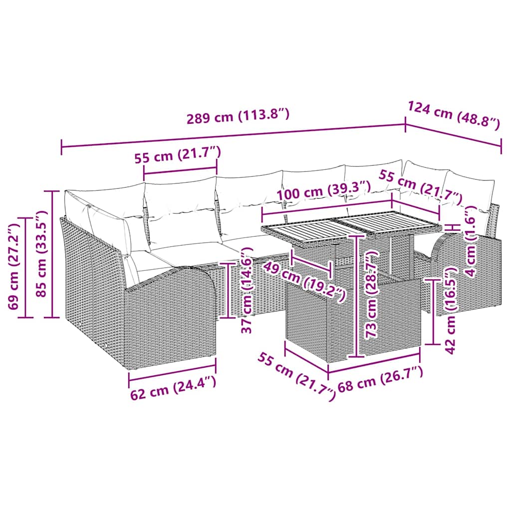 Garden Sofa Set with Cushion 8 pcs Black 100 x 55 x 73 cm