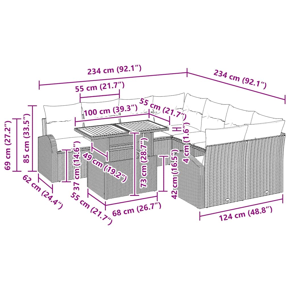 Garden Sofa Set with Cushion 11 pcs Black 100 x 55 x 73 cm