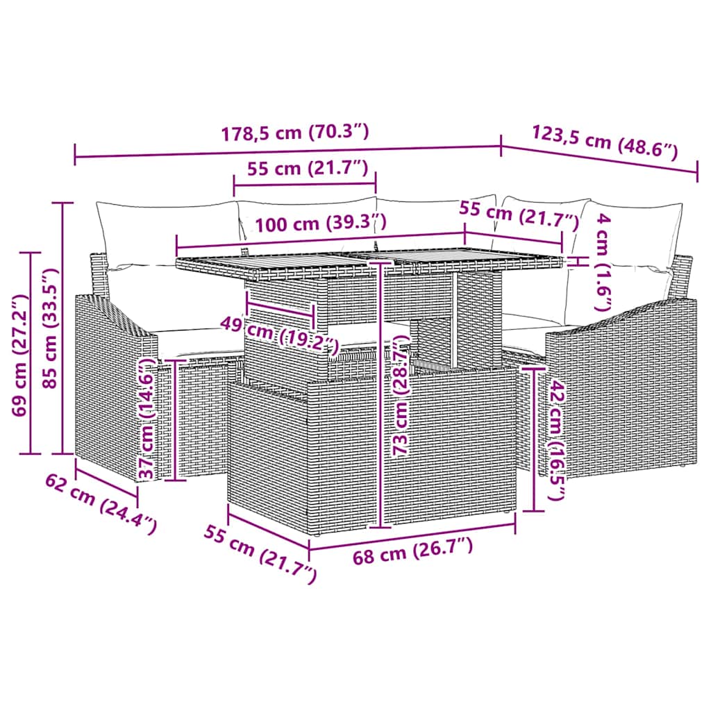 Garden Dining Set with Cushion Black and Brown 100 x 55 x 73 cm