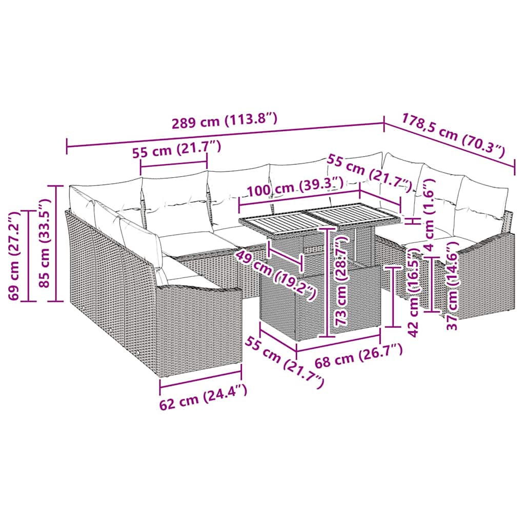 Garden Dining Set Manual 10 pcs Grey and Brown 100 x 55 x 73 cm