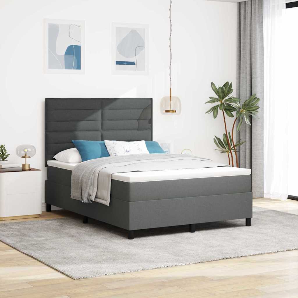 Box Spring Bed Striped with Headboard White 203 x 152 x 128 cm