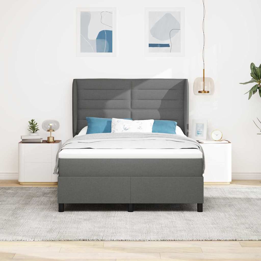 Box Spring Bed Striped with Headboard White 203 x 152 x 128 cm
