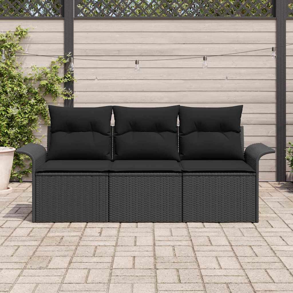 Garden Sofa Set with Cushion 3 pcs Black Poly rattan