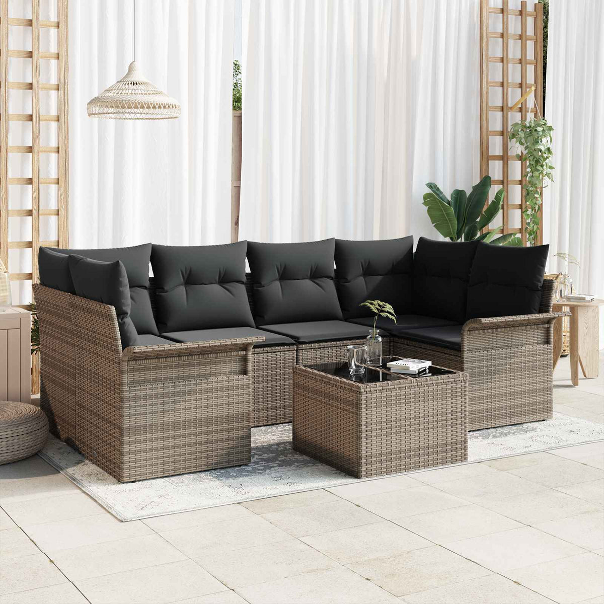 Garden Sofa Set 7 pcs 6-Seater Grey Poly Rattan