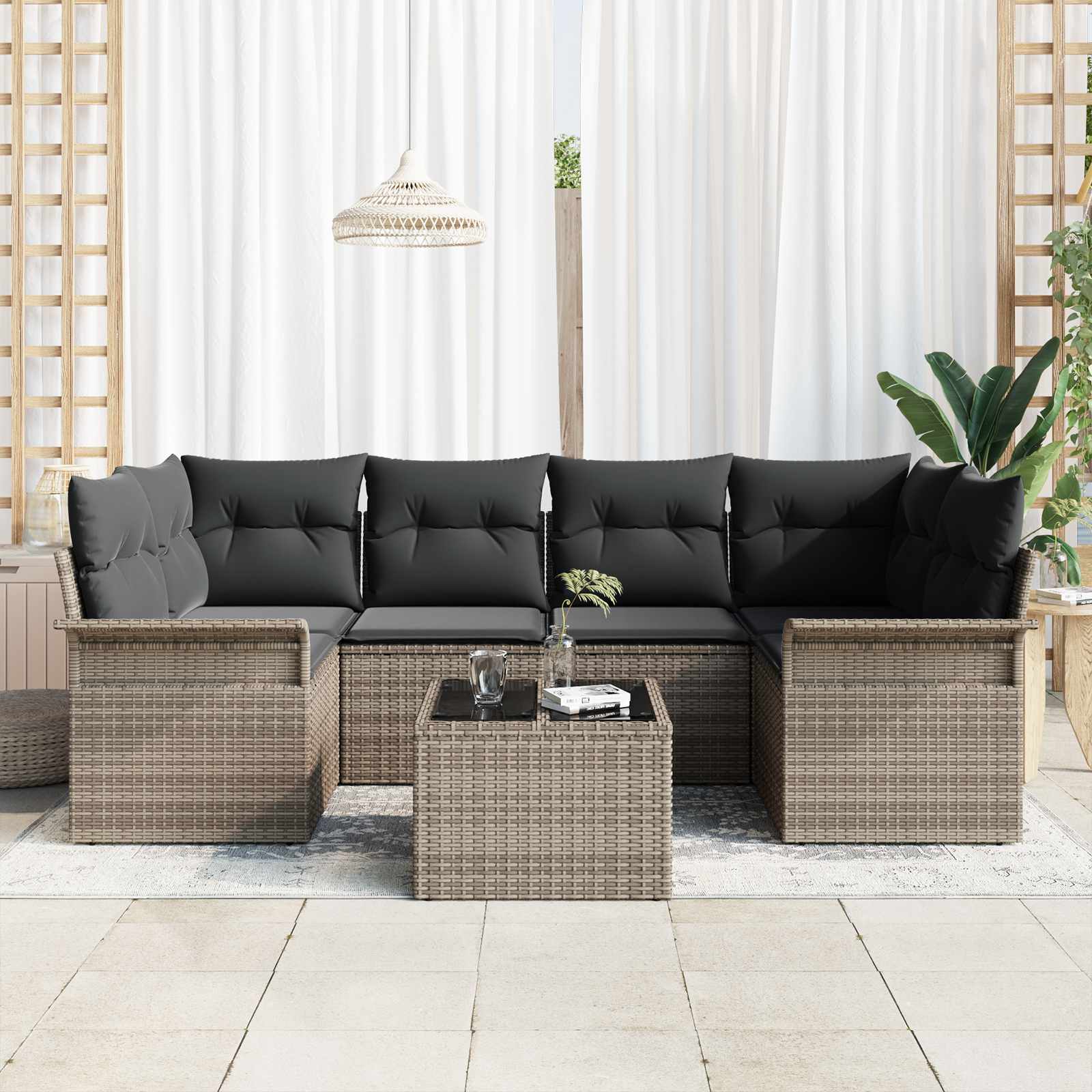 Garden Sofa Set 7 pcs 6-Seater Grey Poly Rattan