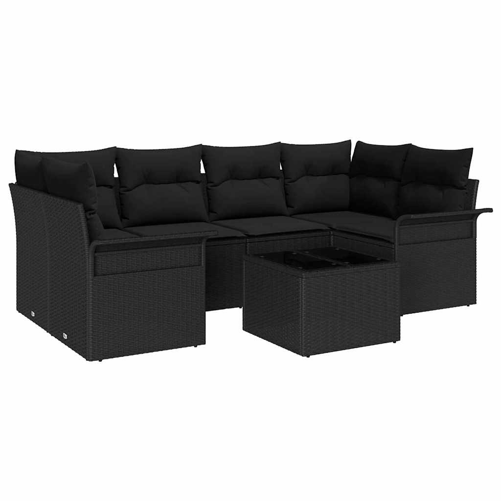 Garden Sofa Set Manual 7 pcs Black Poly Rattan, Steel and Glass