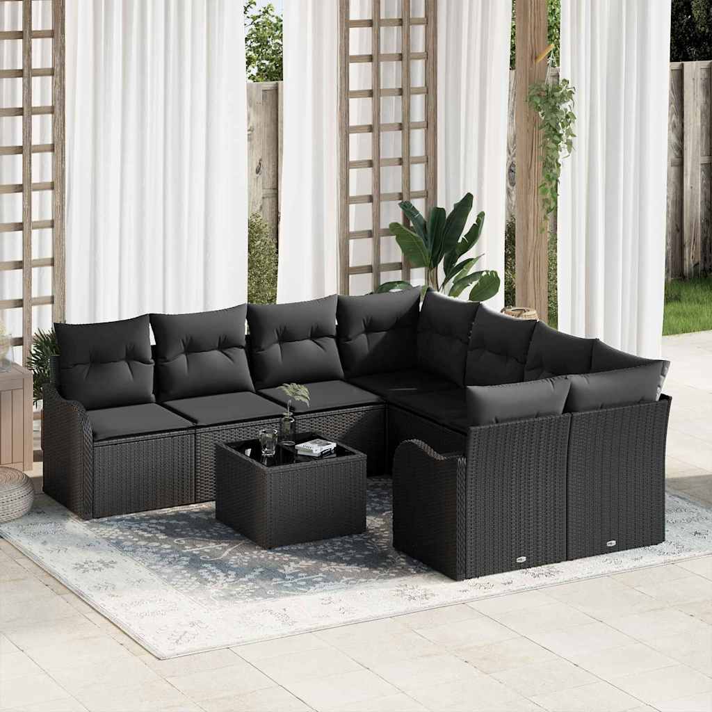 Garden Sofa Set Manual 9 pcs Black Poly Rattan, Steel and Glass