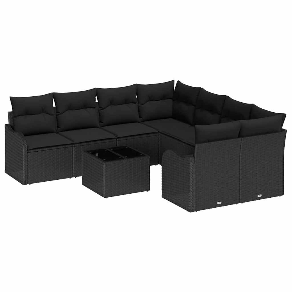 Garden Sofa Set Manual 9 pcs Black Poly Rattan, Steel and Glass
