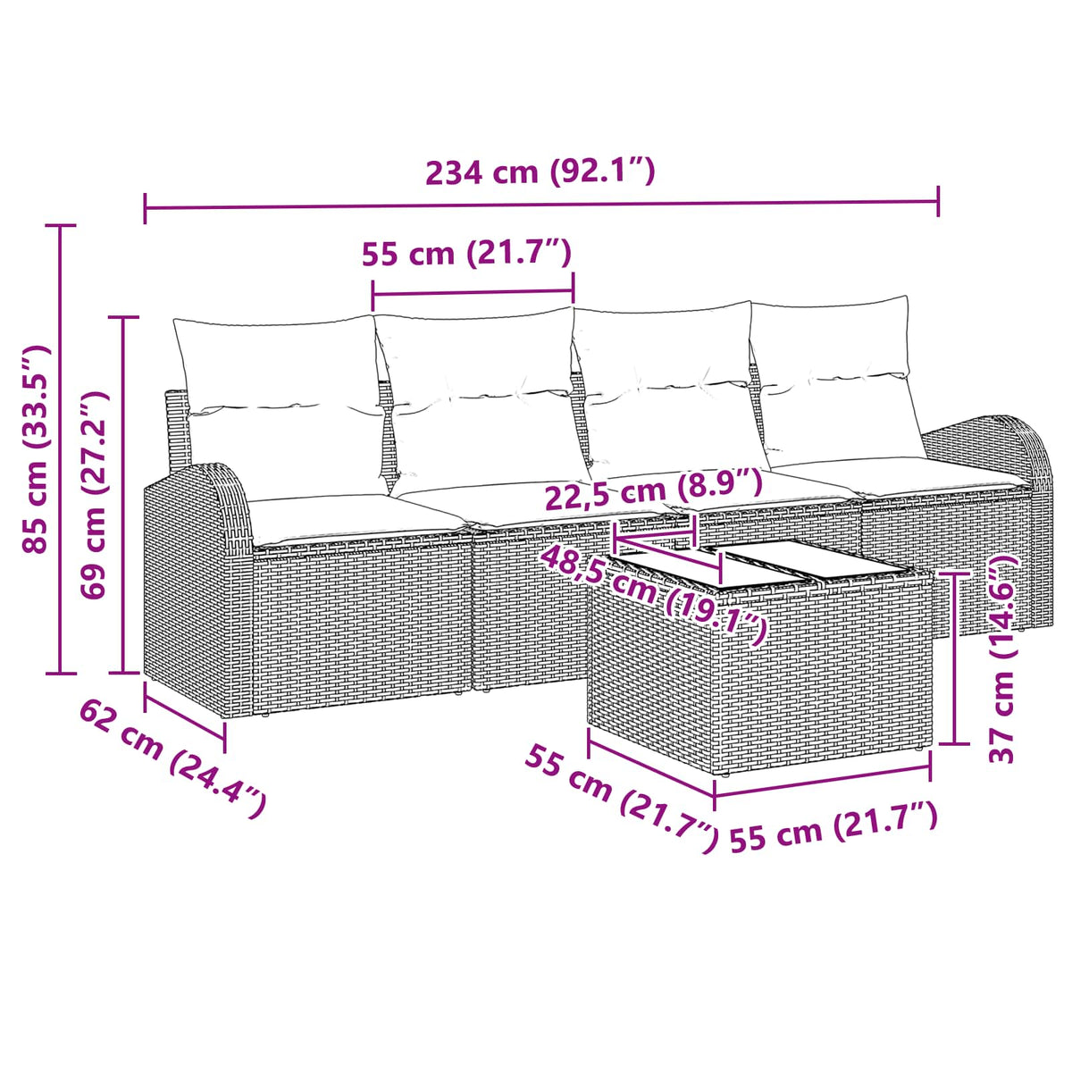 Garden Sofa Set 5 pcs 4-Seater Grey Poly Rattan