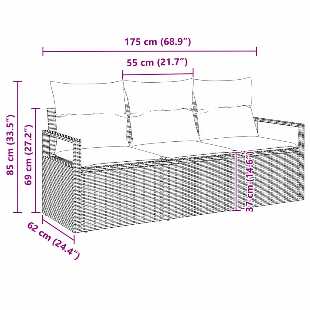 Garden Sofa Set 3 pcs Black Poly Rattan, Powder-Coated Steel
