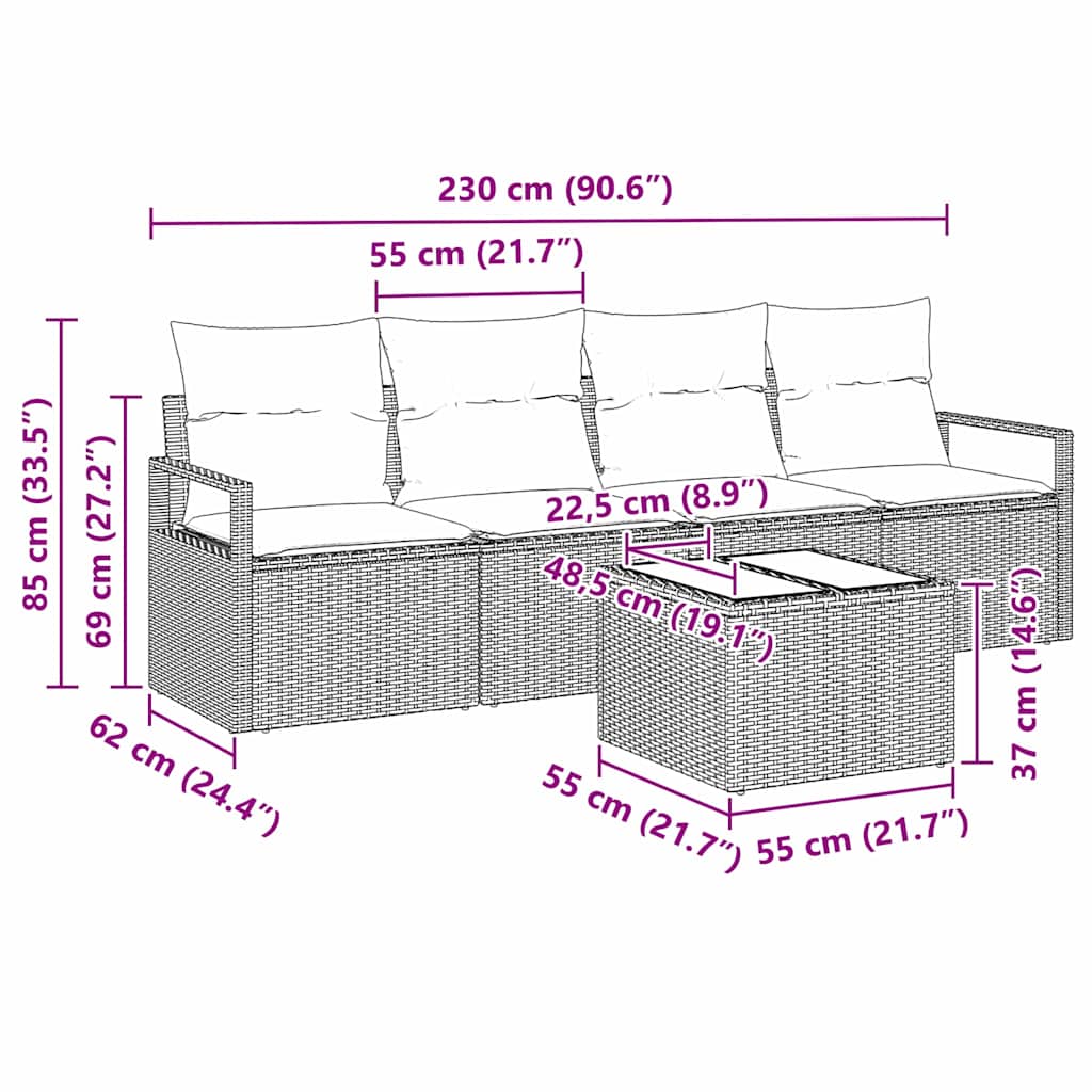 Garden Sofa Set with Cushion Manual 5 pcs Black 55 x 55 x 37 cm