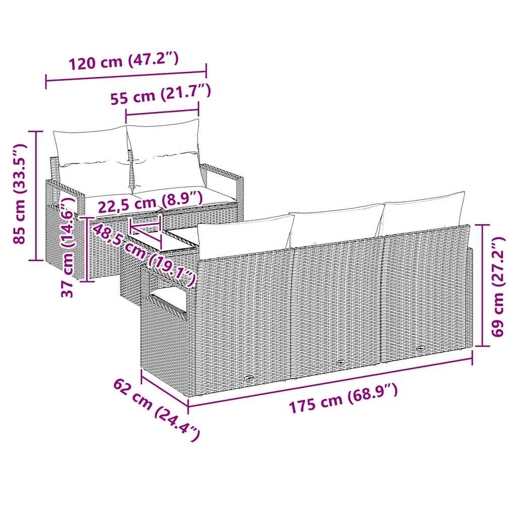 Garden Sofa Set with Cushion Manual 6 pcs Grey 55 x 55 x 37 cm