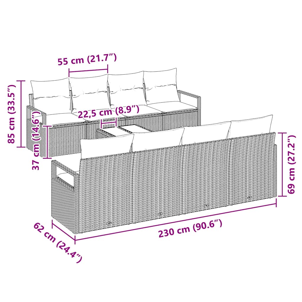 Garden Sofa Set with Cushion Manual 9 pcs Grey 55 x 55 x 37 cm
