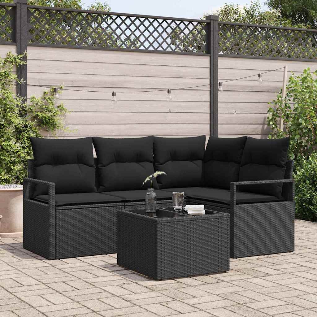 Garden Sofa Set 5 pcs Black Poly Rattan, Powder-Coated Steel