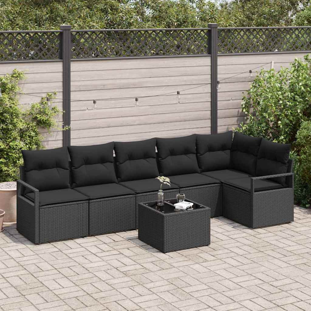 Garden Sofa Set 7 pcs Black Poly Rattan, Powder-Coated Steel
