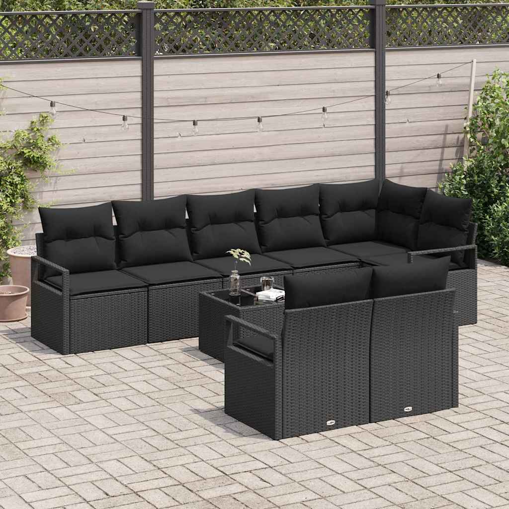 Garden Sofa Set 9 pcs Black Poly Rattan, Powder-Coated Steel