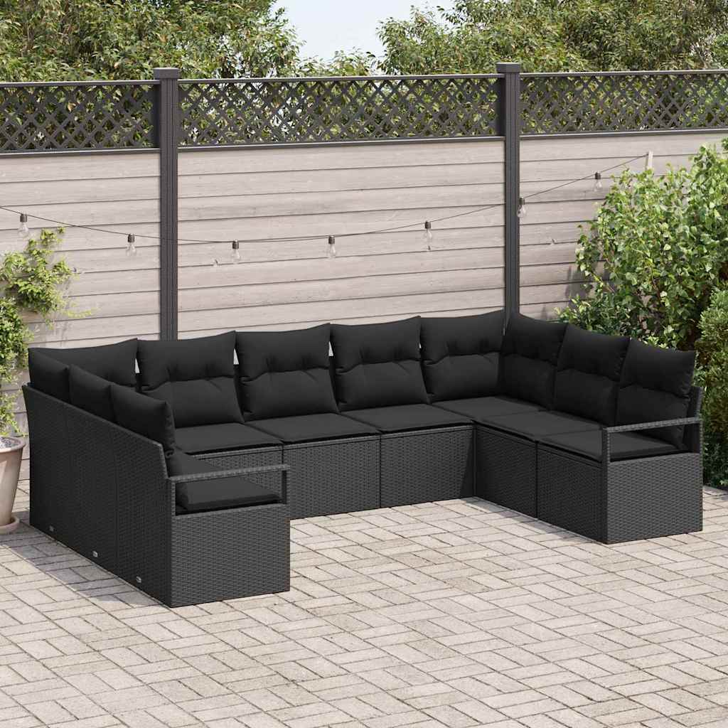 Garden Sofa Set 9 pcs Black Poly Rattan, Powder-Coated Steel