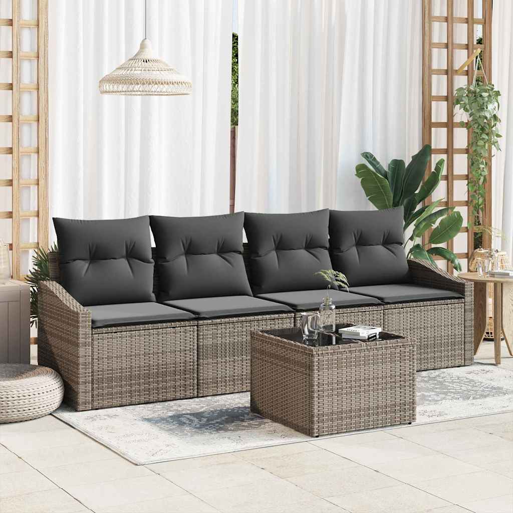 Sofa Set with Cushion with Storage 5 pcs Grey Poly Rattan