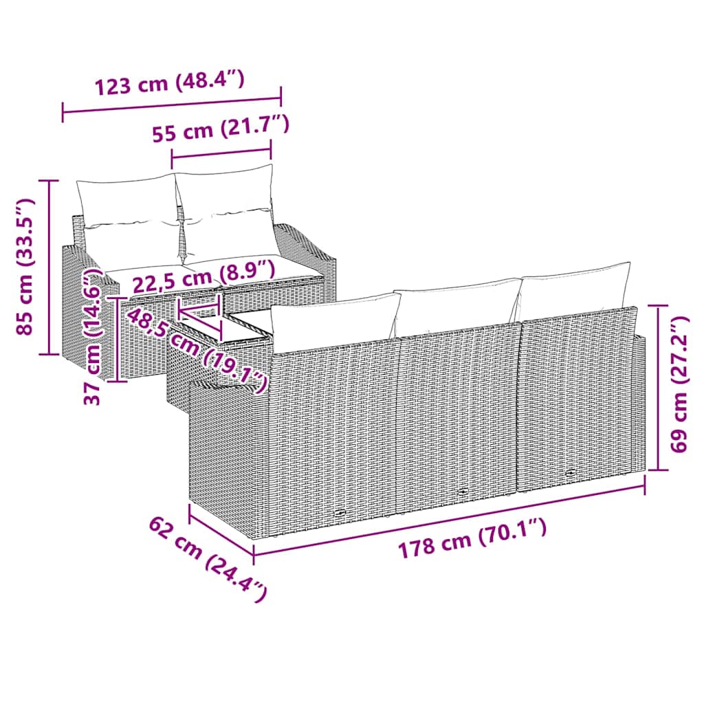 Garden Sofa Set with Cushion Manual 6 pcs Grey 55 x 55 x 37 cm
