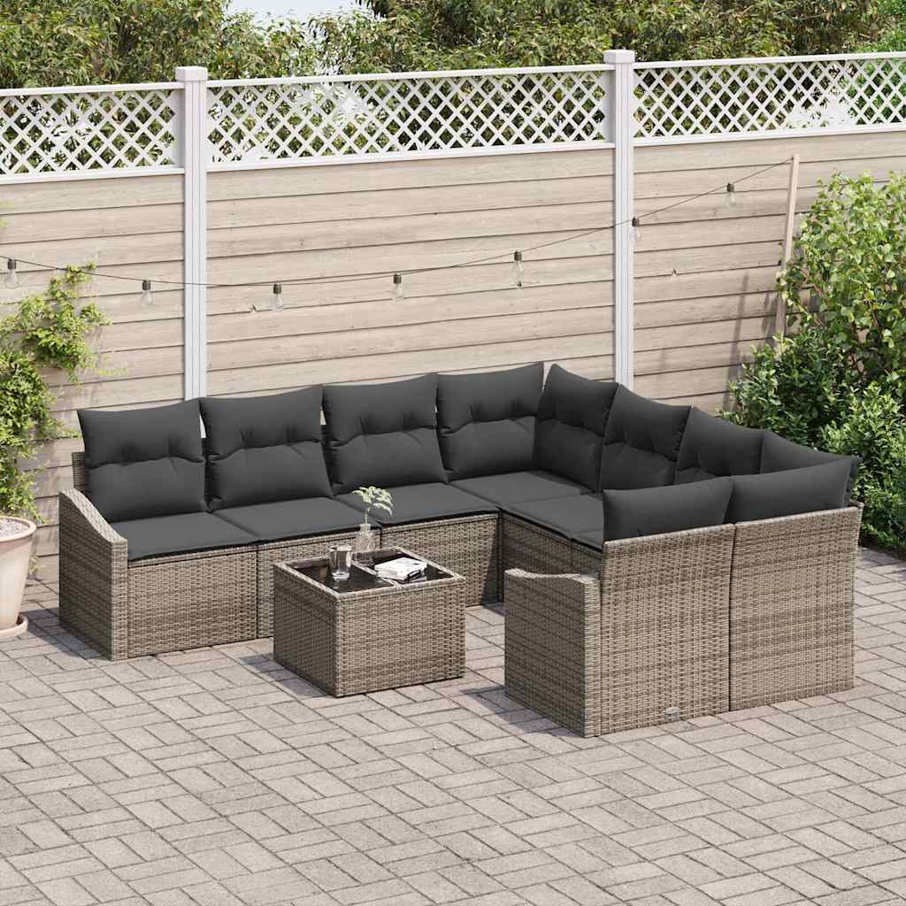 Sofa Set with Cushion with Storage 9 pcs Grey Poly Rattan