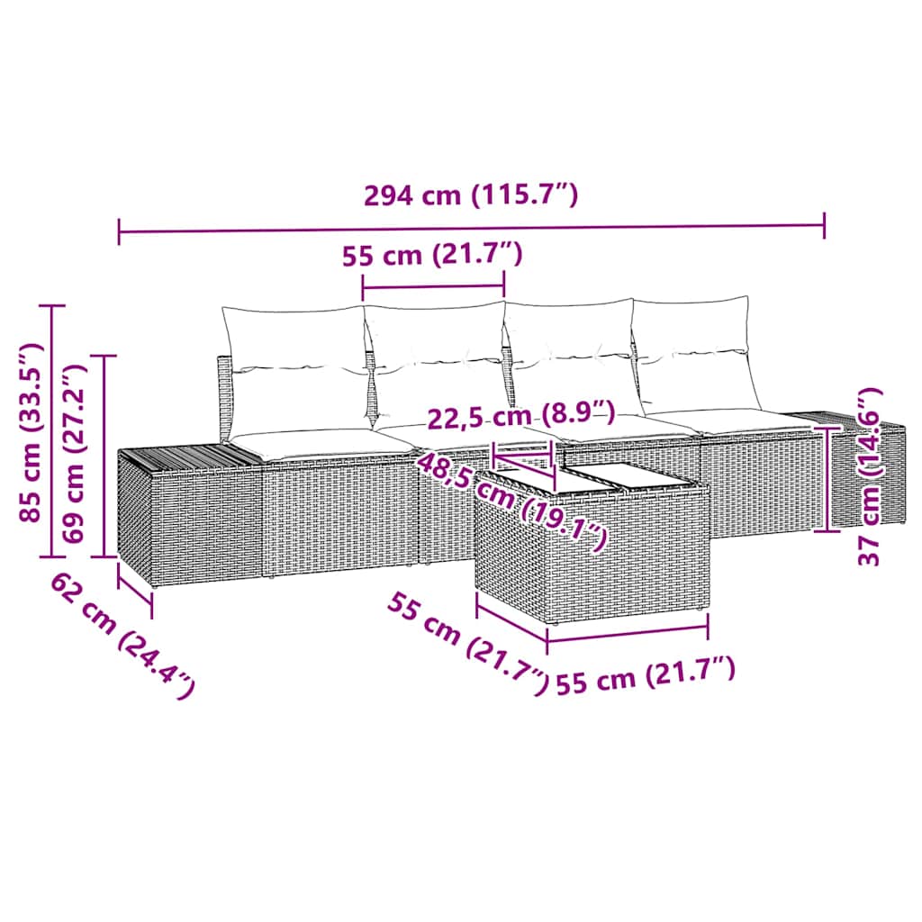 Garden Sofa Set with Cushion Manual 5 pcs Black 55 x 55 x 37 cm