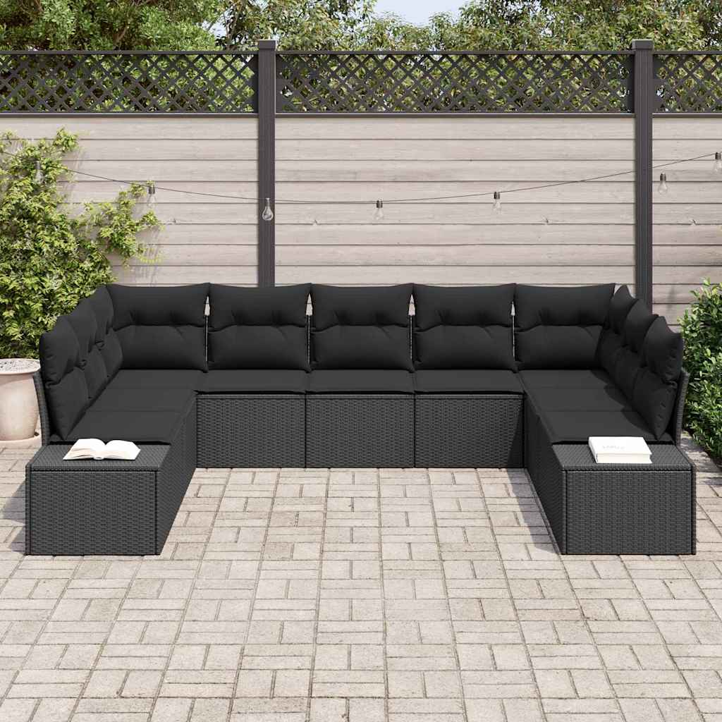 Garden Sofa Set with Cushion 9 pcs Black Poly Rattan