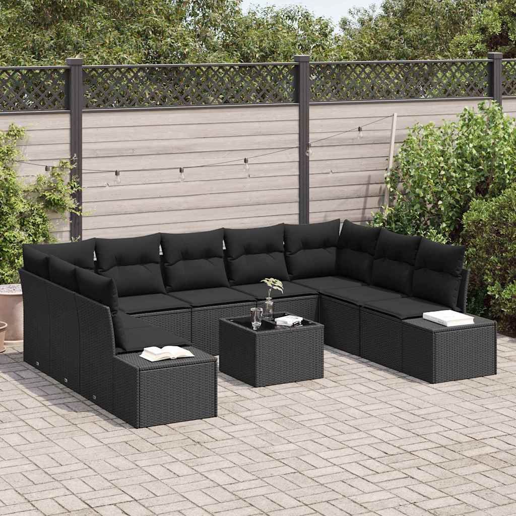 Garden Sofa Set with Cushion 10 pcs Black Poly Rattan