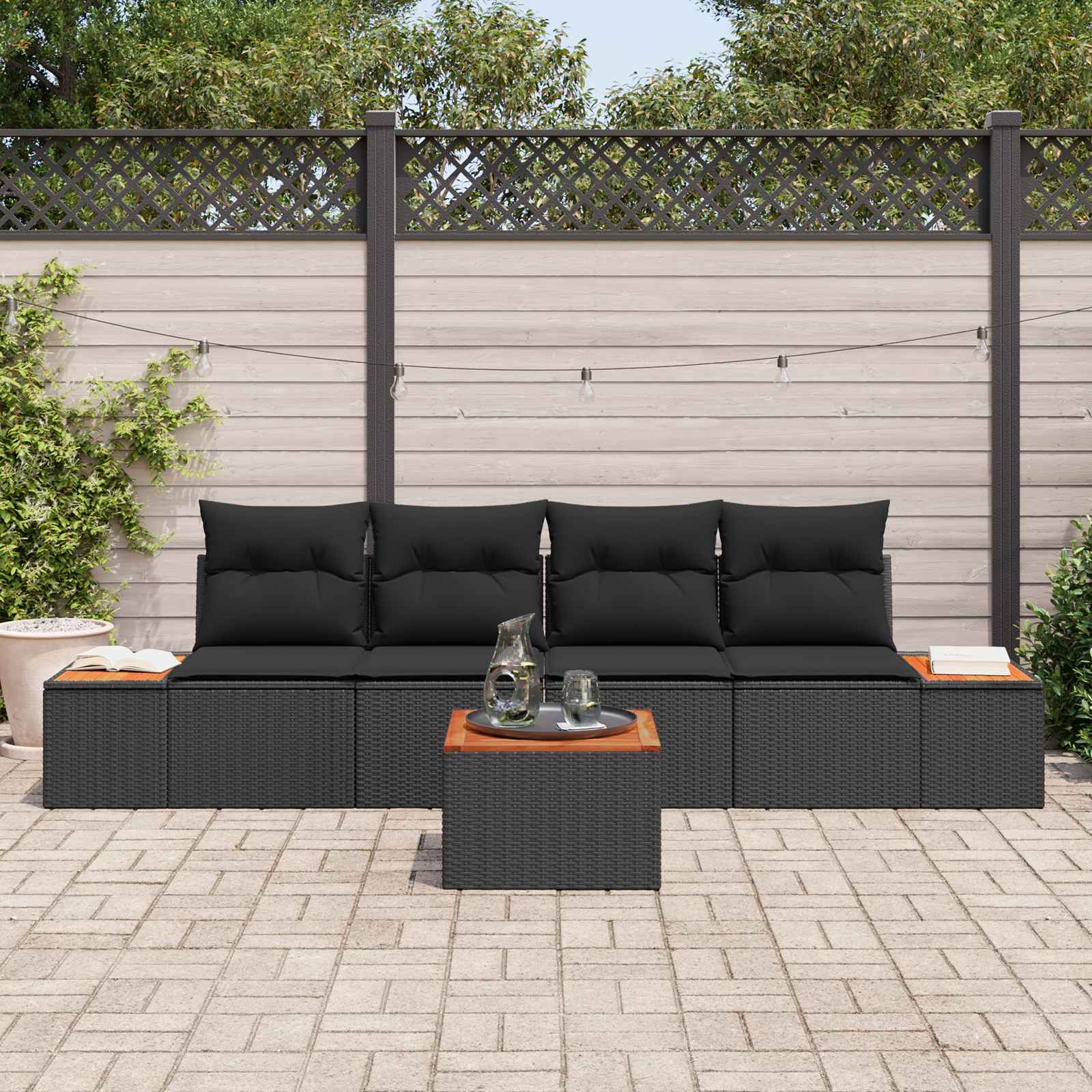 Garden Sofa Set with Cushion 5 pcs Black Poly rattan