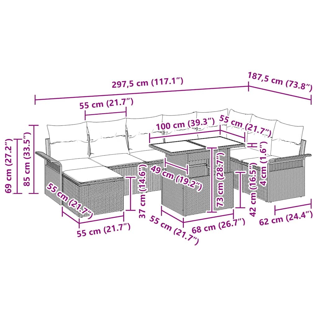 Garden Sofa Set 9 pcs Grey Poly Rattan, Powder-Coated Steel