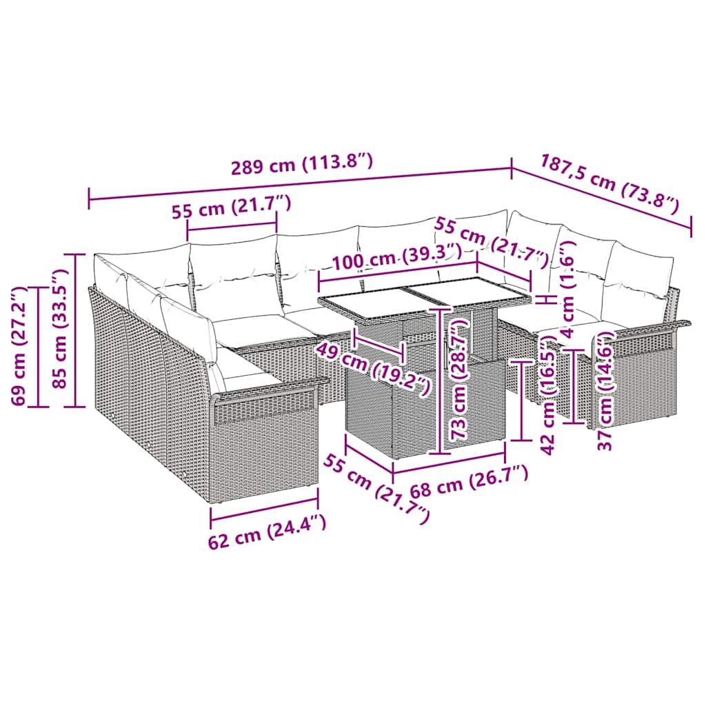 Garden Sofa Set Manual 10 pcs Grey 100 x 55 x 73 cm Poly rattan