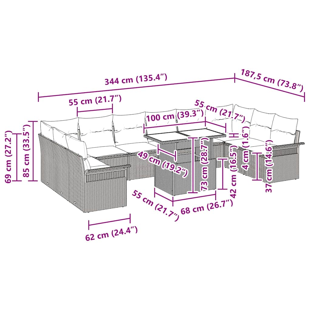 Garden Sofa Set Manual 11 pcs Grey 100 x 55 x 73 cm Poly rattan