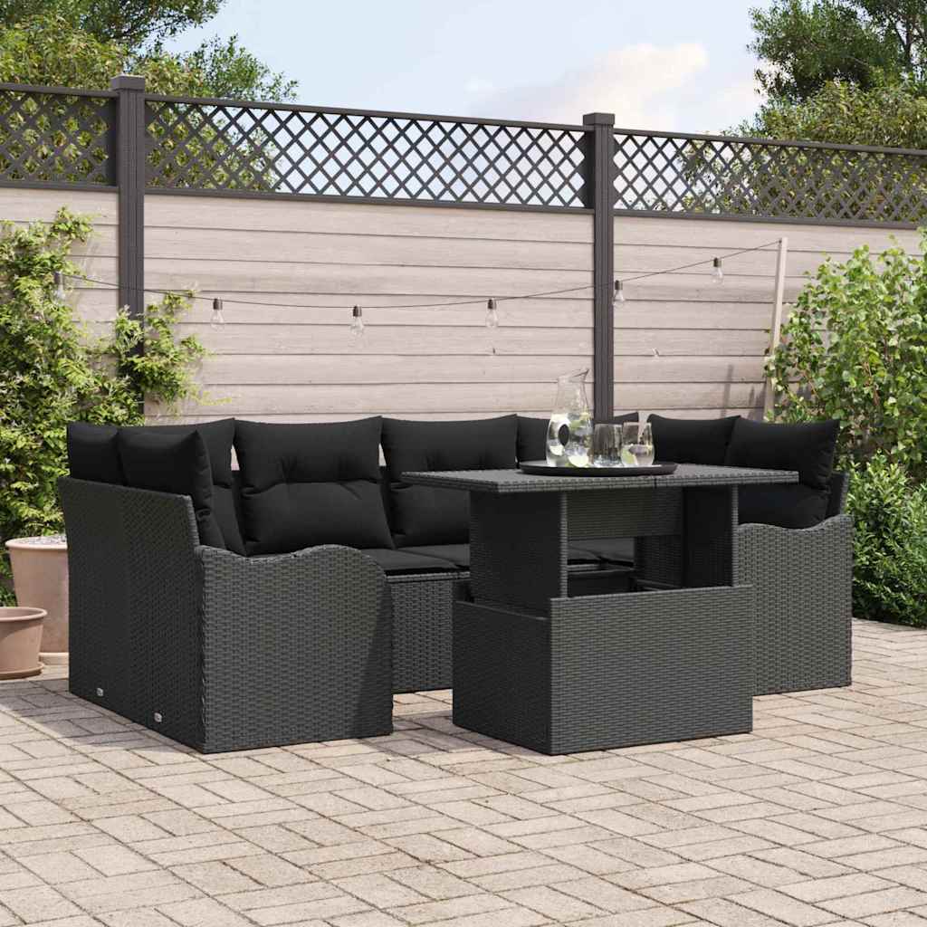 Garden Sofa Set with Cushion Manual 7 pcs Black Poly rattan
