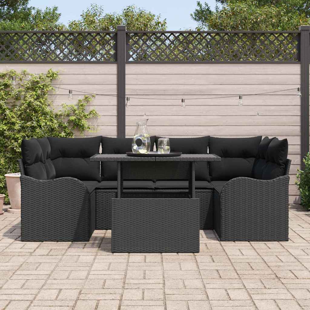 Garden Sofa Set with Cushion Manual 7 pcs Black Poly rattan