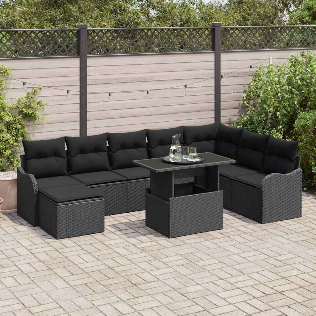Garden Sofa Set with Cushion 9 pcs Black Poly rattan