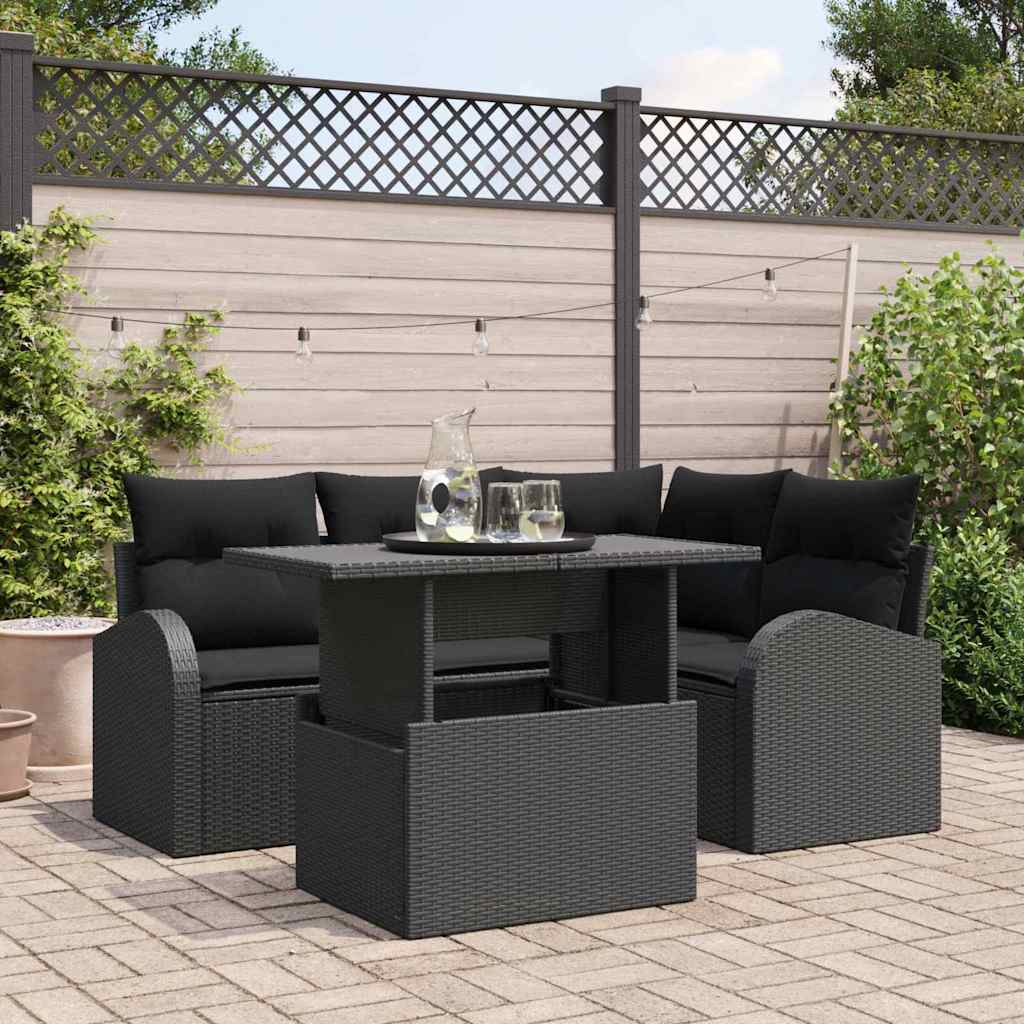 Garden Sofa Set with Cushion Manual 5 pcs Black Poly rattan