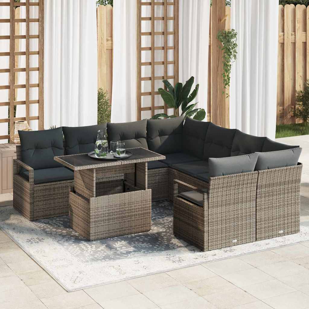 Garden Sofa Set with Storage 9 pcs Grey Poly rattan
