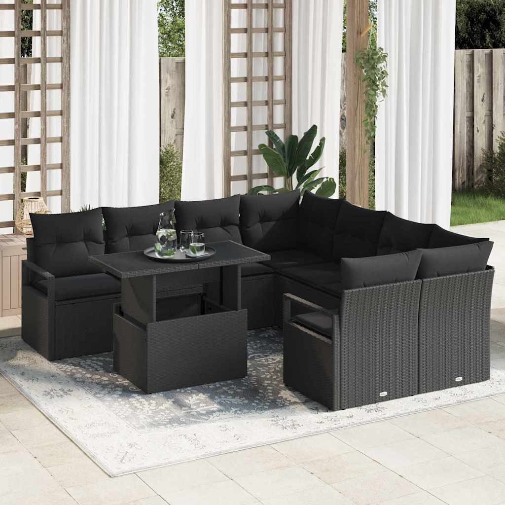 Garden Sofa Set with Storage 9 pcs Black Poly rattan