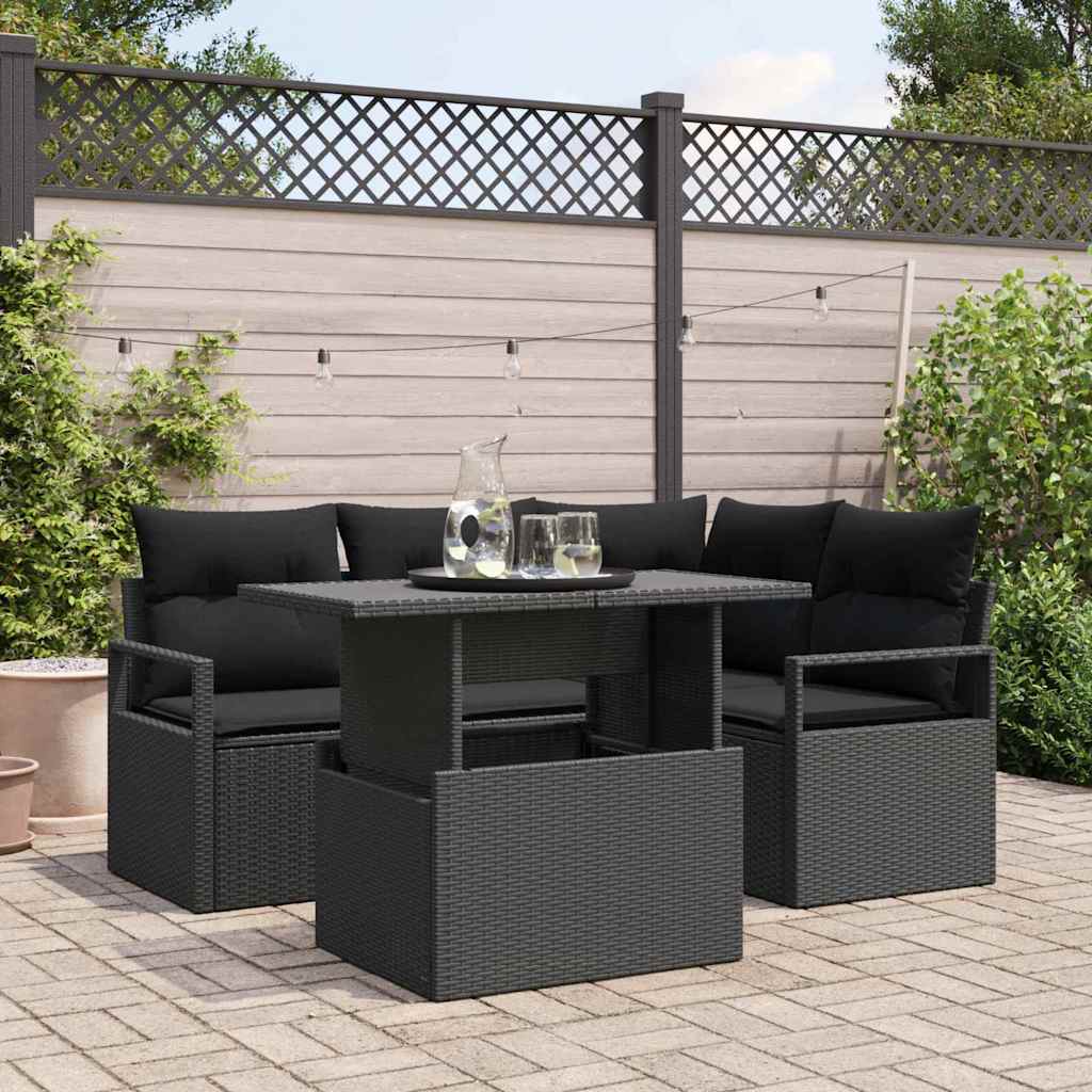 Garden Sofa Set with Storage 5 pcs Black Poly rattan