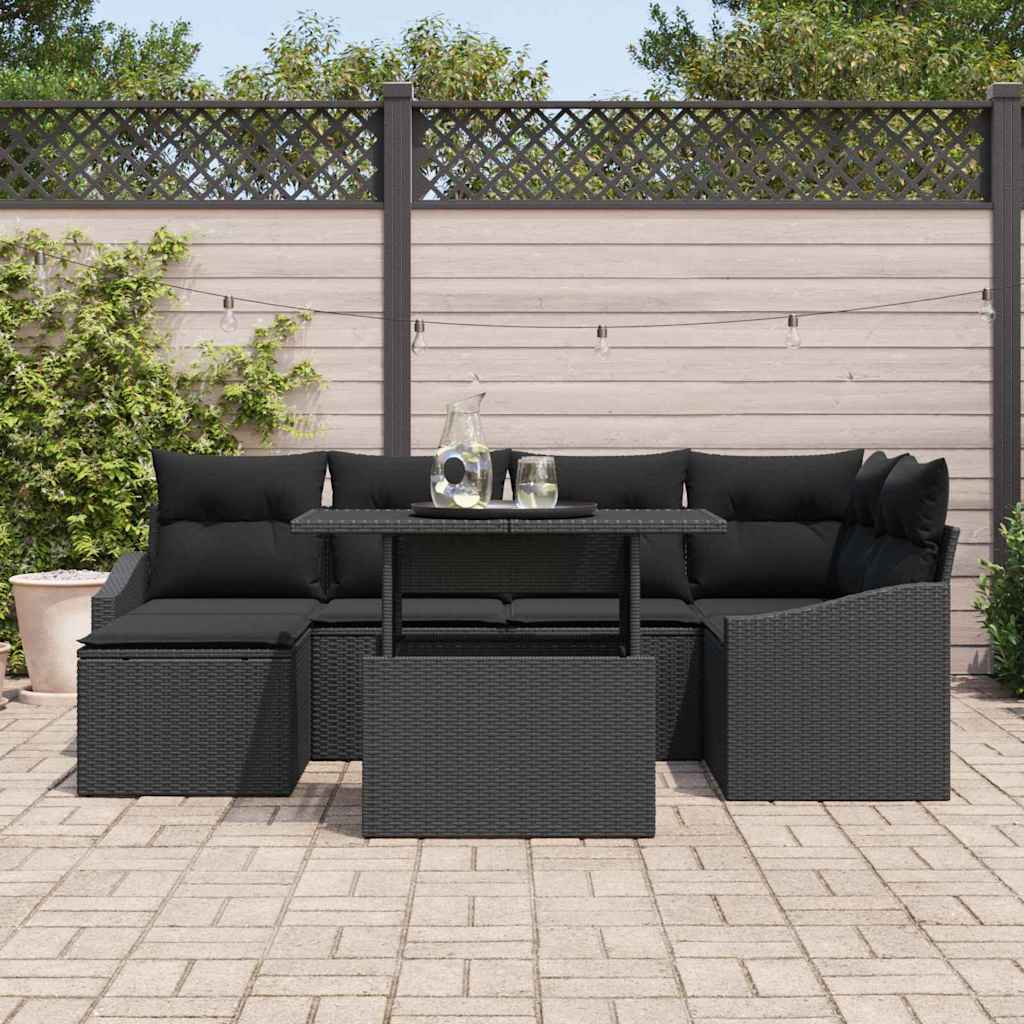 Garden Sofa Set 7 pcs Black Poly Rattan, Powder-Coated Steel