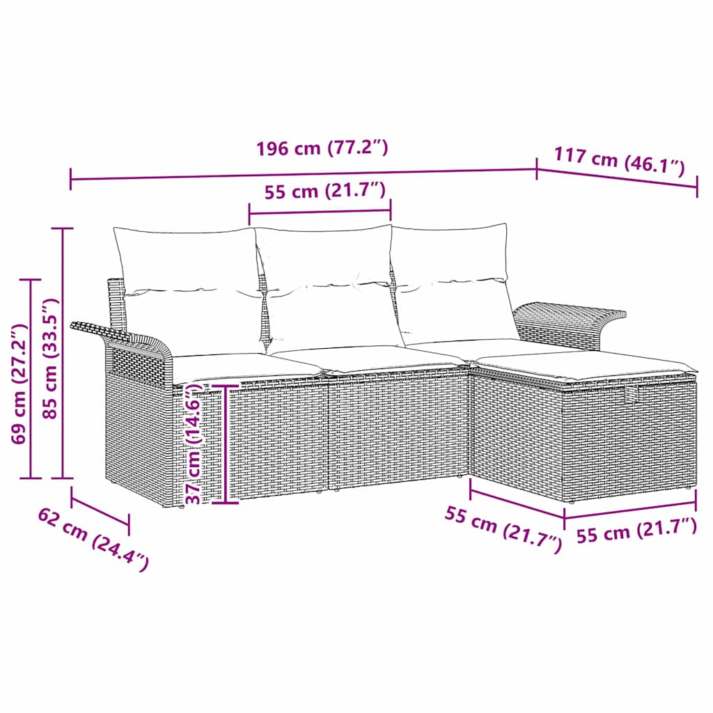 Garden Sofa Set 4 pcs Grey 196 x 117 x 85 cm Poly rattan