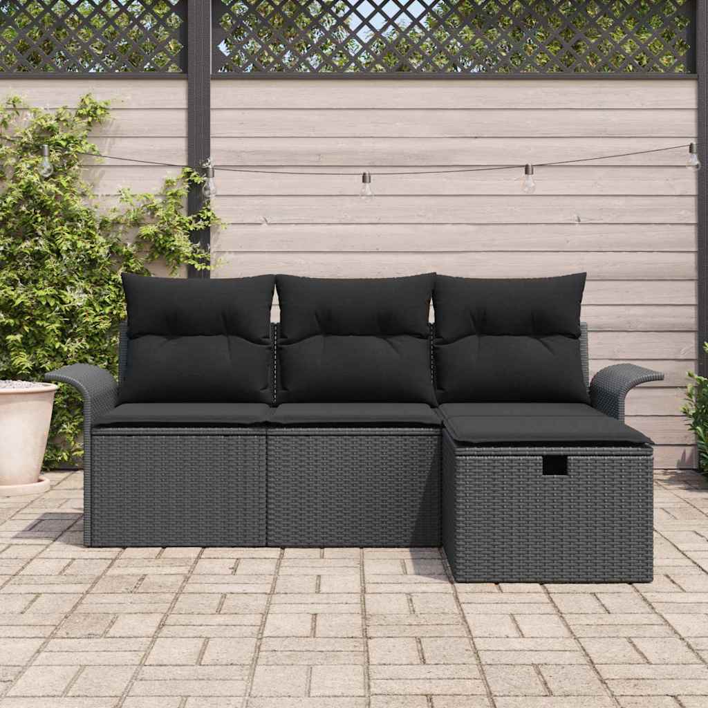 Garden Sofa Set with Cushion 4 pcs Black Poly Rattan